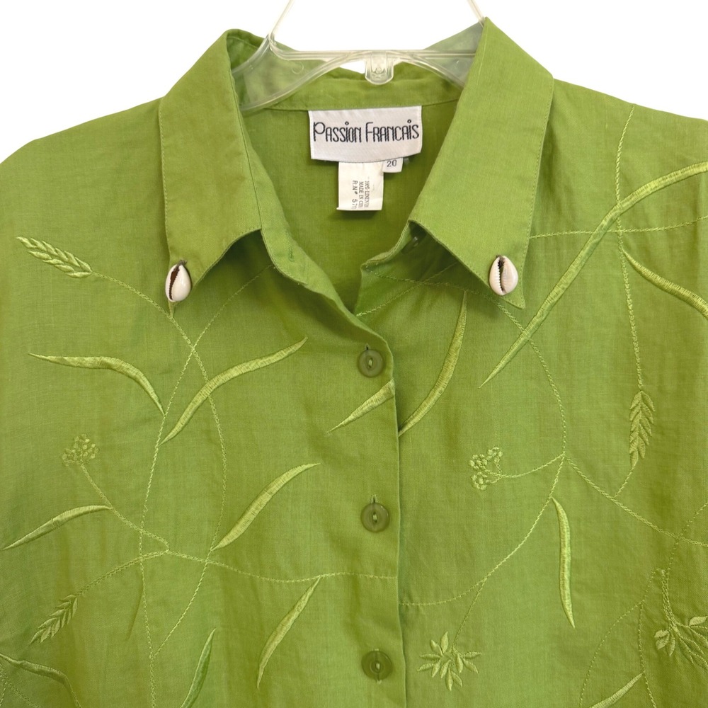 Passion Francais Vtg Lime Green 100% Linen Embroidered Button Down Shirt Sz 20 - Picture 2 of 8